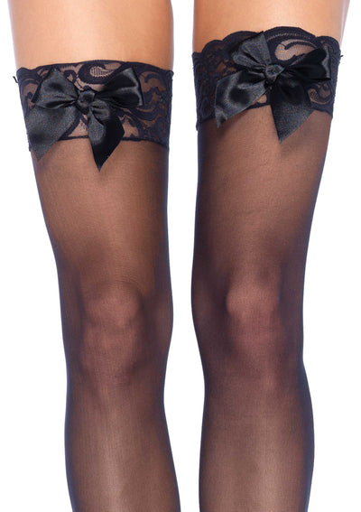 Sheer Thigh High Lace Top With Satin Bow