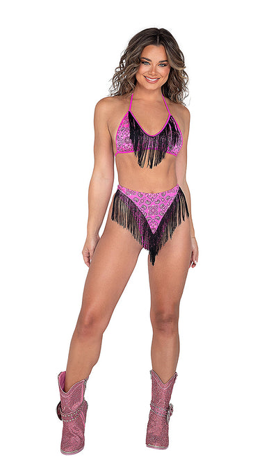 Metallic Printed Bikini Top with Fringe Detail