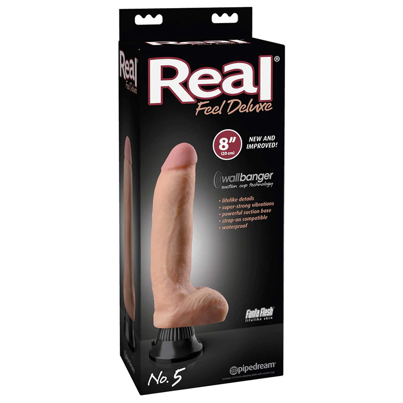 Pipedream Real Feel Deluxe No. 5 Realistic 8 in. Vibrating Dildo With Balls and Suction Cup Beige