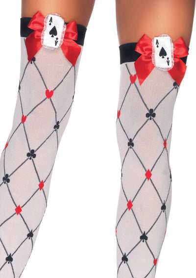 Woven Diamond Card Suit Thighs High With Bow And Card Charm