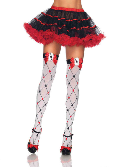 Woven Diamond Card Suit Thighs High With Bow And Card Charm
