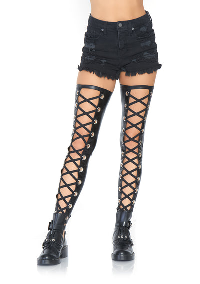 Wet Look Footless Lace Up Thigh Highs With Oversized Grommets