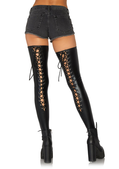 Wet Look Footless Lace Up Thigh Highs