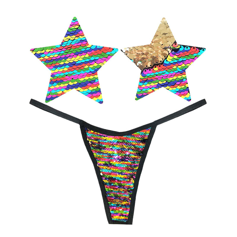 Neva Nude Funfetti Multicolor Gold Flip Sequin Naughty Knix w/ Nipztix Pasties