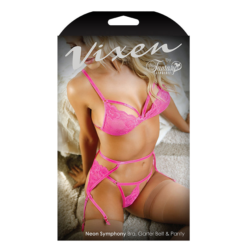 Fantasy Lingerie Vixen Neon Symphony Bralette, Garter Belt & Panty Electric Pink L/XL