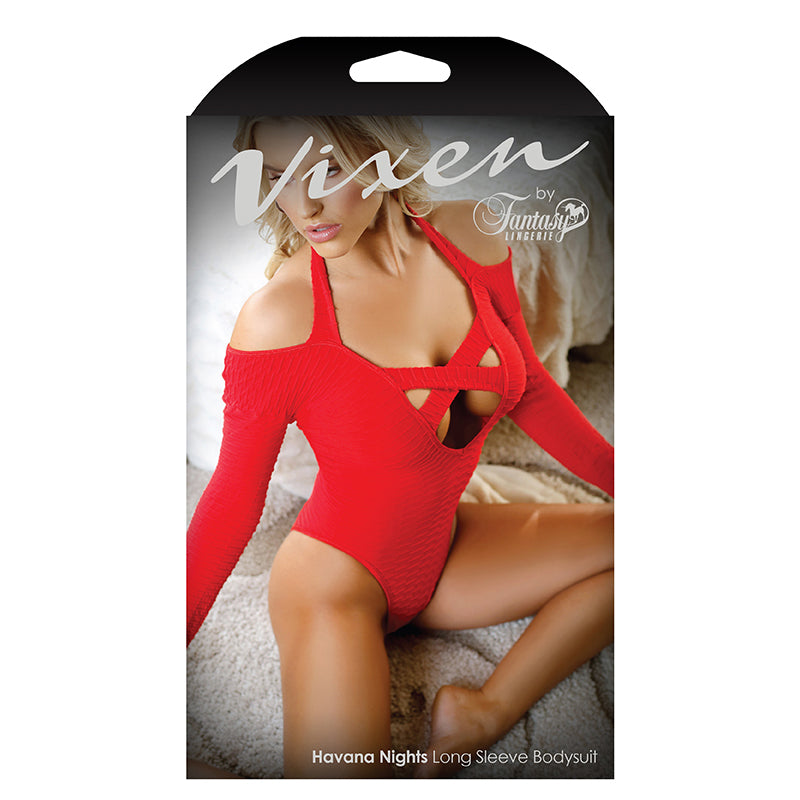 Fantasy Lingerie Vixen Havana Nights Halter Long Sleeve Bodysuit With Snap Closure Red O/S