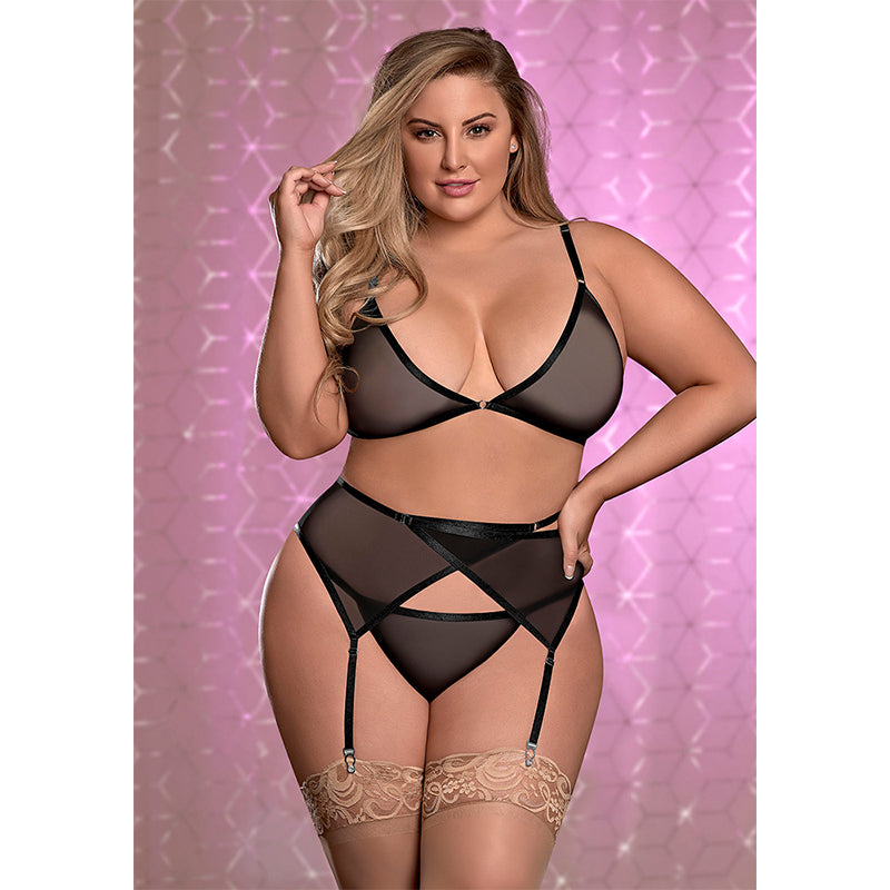 Magic Silk Sheer Mesh Bra Garter & Panty Blk 1 Size Queen