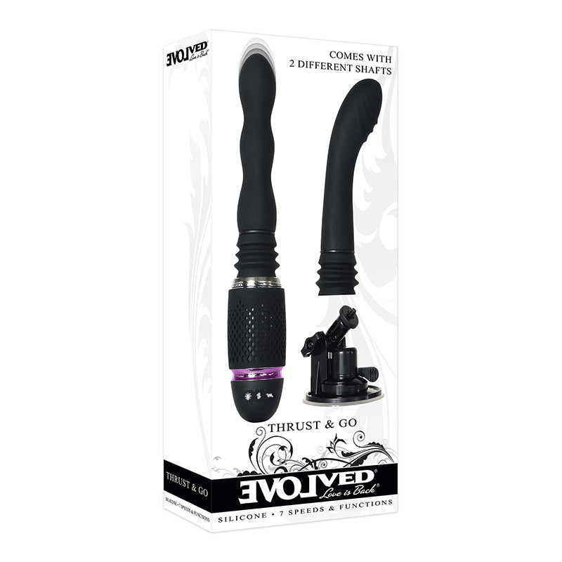 Evolved Thrust & Go Rechargeable Silicone Thrusting Vibrator With 2 Shafts and Suction Cup Base Black