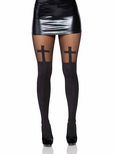 Spandex Opaque Cross Pantyhose With Sheer Thigh Accent