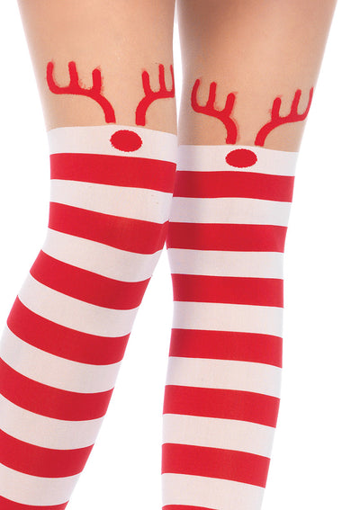 Rudolph Reindeer Opaque Striped Pantyhose W/sheer Thigh High