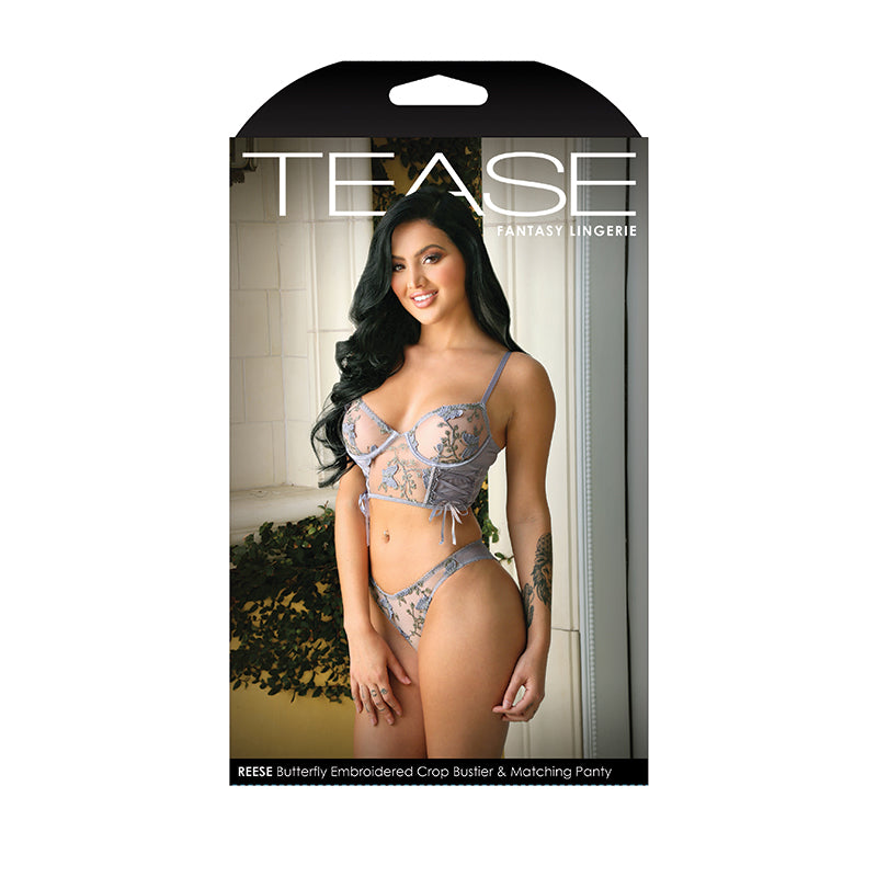 Tease Reese Butterfly Embroidered Mesh Bustier Top With Ribbon Lace-Up Detail & Matching Panty With Keyhole Cutout Detail Perwinkle Dust S/M