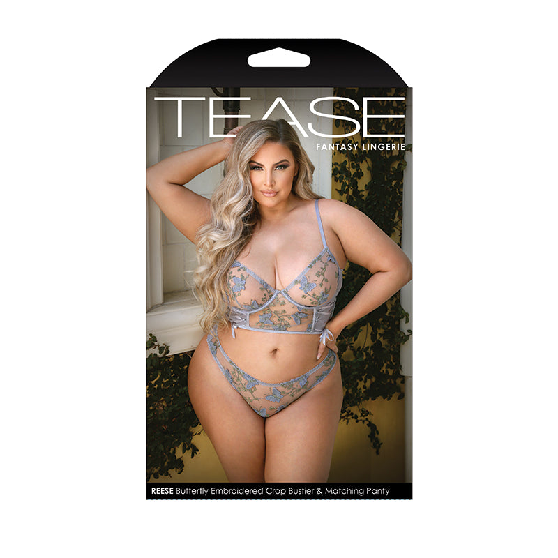 Fantasy Lingerie Tease Reese Butterfly Embroidered Mesh Bustier Top With Ribbon Lace-Up Detail & Matching Panty With Keyhole Cutout Detail Periwinkle Dust 3XL/4XL