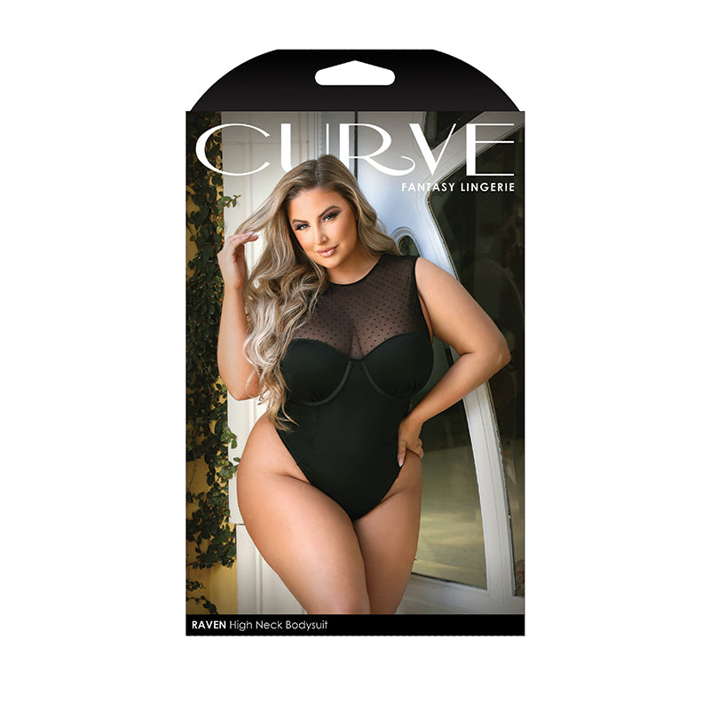 Fantasy Lingerie Curve Raven High-Neck Bodysuit With Back Cutout & Snap Closure Black 3XL/4XL