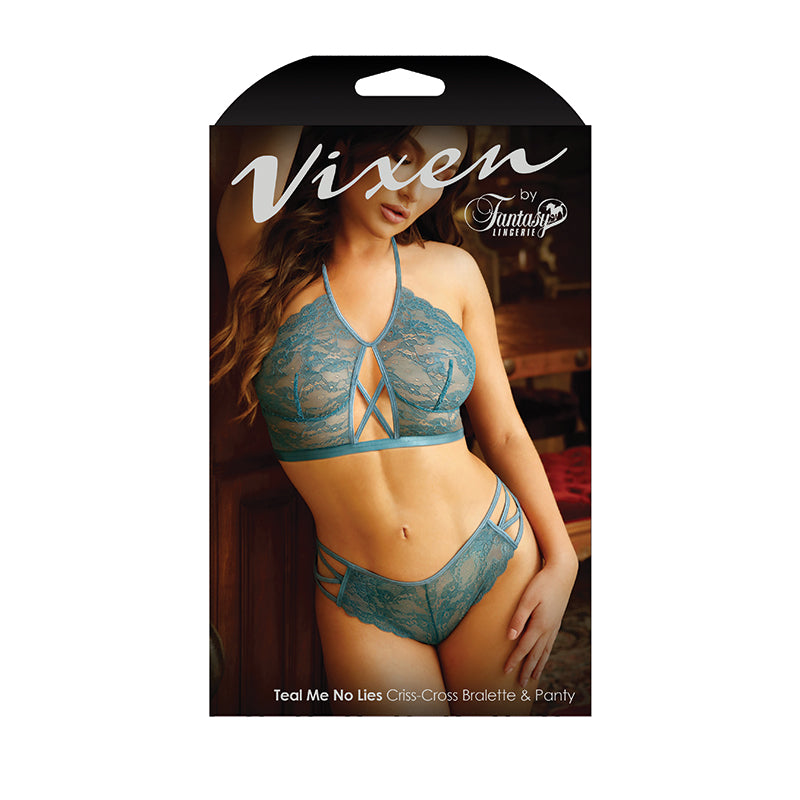 Fantasy Lingerie Vixen Teal Me No Lies Criss-Cross Lace Halter Bralette & Matching Panty Teal L/XL