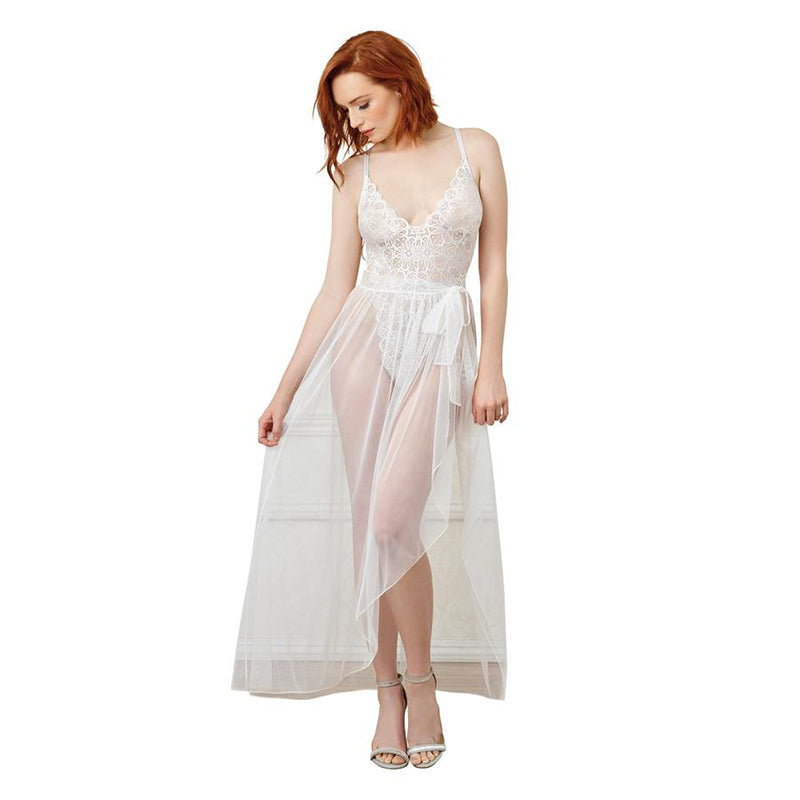 Dreamgirl Stretch Lace Teddy & Sheer Mesh Maxi Skirt With Adjustable Straps & G-String White XL Hanging