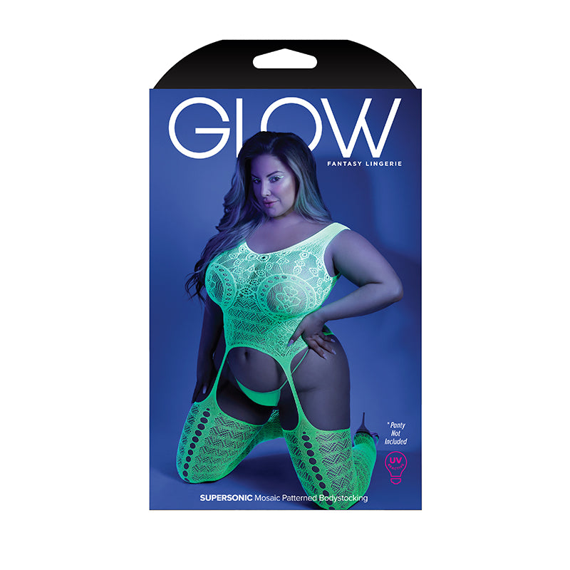 Fantasy Lingerie Glow Supersonic Mosaic Pattern Gartered Bodystocking Neon Green Queen Size
