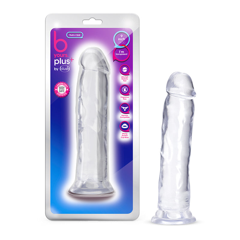 Blush B Yours Plus Thrill n' Drill 9 in. Dildo with Suction Cup Clear