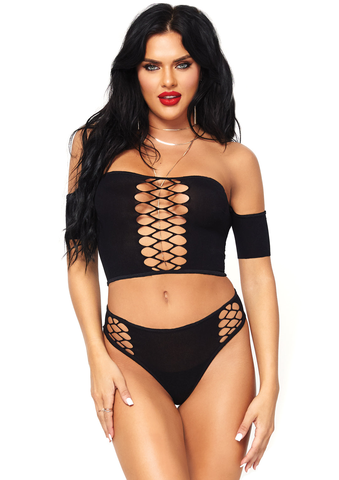 2-piece Opaque Crop Top With Net Detail And Matching Thong Back Bottoms