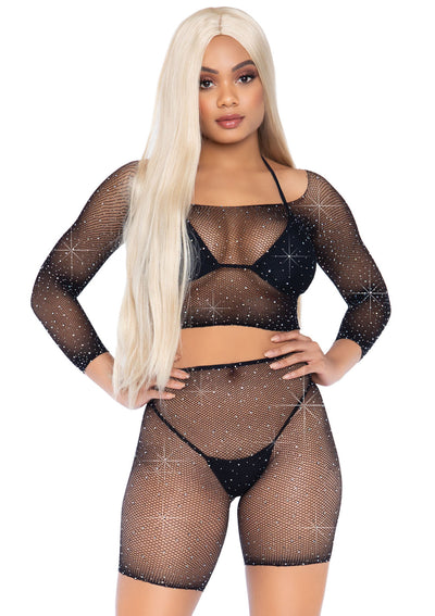 2-piece Rhinestone Fishnet Long Sleeve Crop Top And Biker Shorts