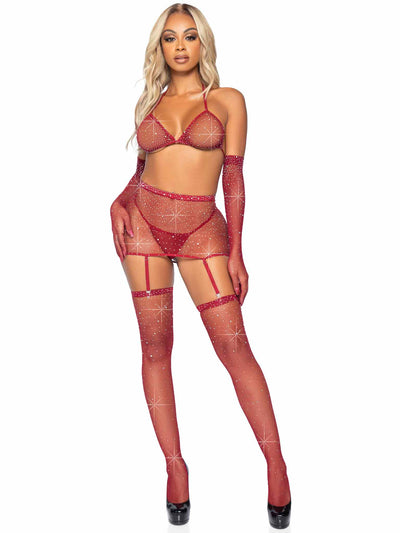 5-piece Rhinestone Fishnet Garter Skirt Set With Bikini Top