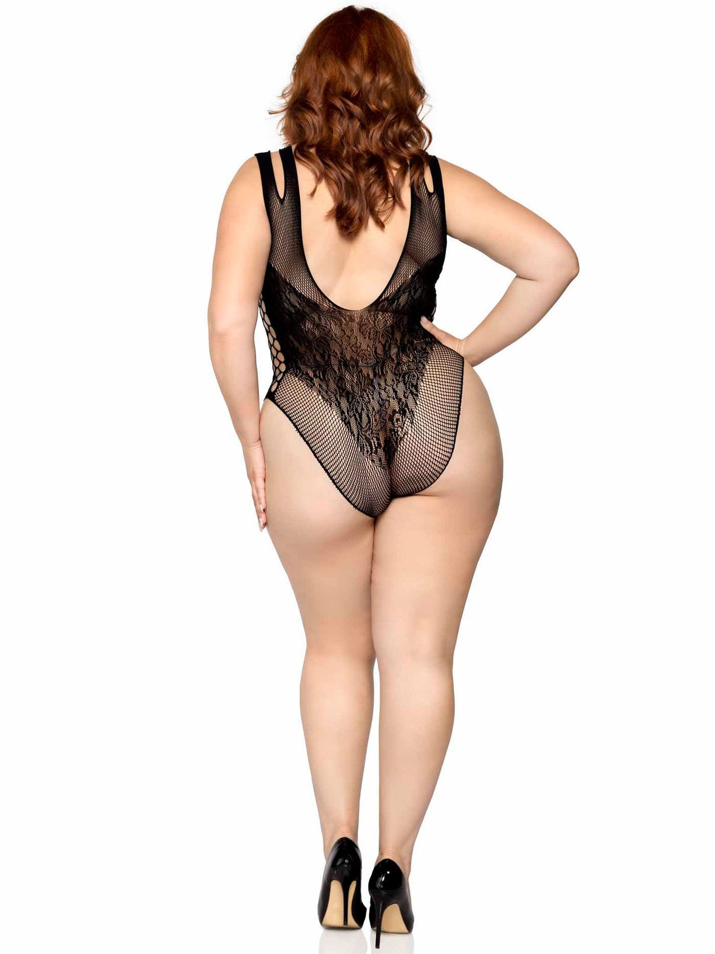 Seamless Net And Lace Bodysuit With Dual Shoulder Straps And Cheeky Cut Bottom