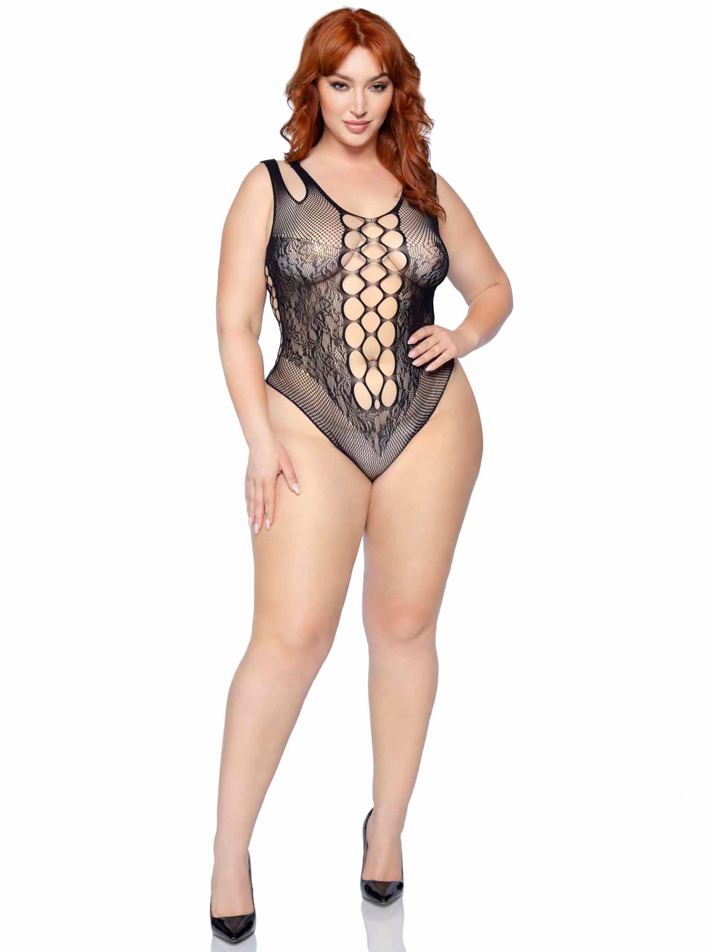 Seamless Net And Lace Bodysuit With Dual Shoulder Straps And Cheeky Cut Bottom
