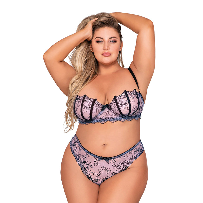 Dreamgirl Shell Bra and Matching G-String Set Lavender 2X Hanging
