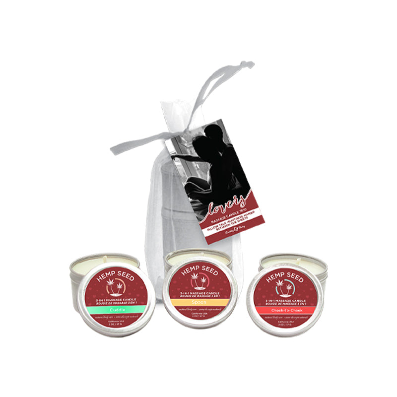 Earthly Body Hemp Seed Holiday Candle Trio Includes: 1 of each Hemp Seed 3-in-1 Massage Candle 2 oz in Cuddle, Spoon, Cheek-to-Cheek