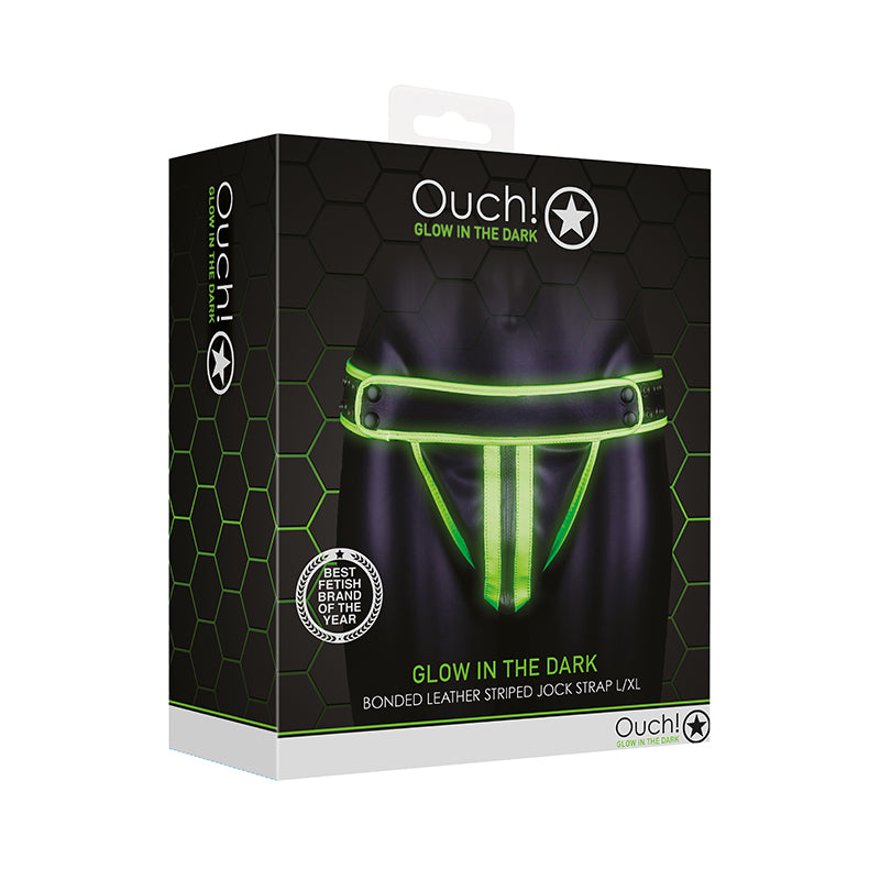 Ouch! Glow in the Dark Bonded Leather Striped Jock Strap Neon Green L/XL