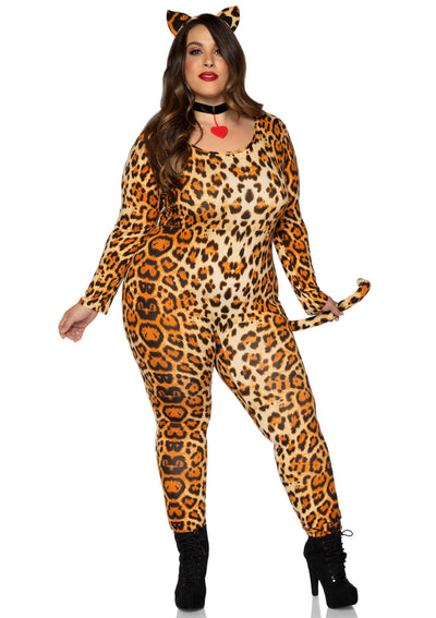 3-piece Cougar,brushed Lycra Catsuit W/tail,ear Headband,collar