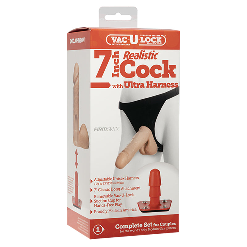 Vac-U-Lock - 7 Inch Realistic Cock - With Ultra Harness White