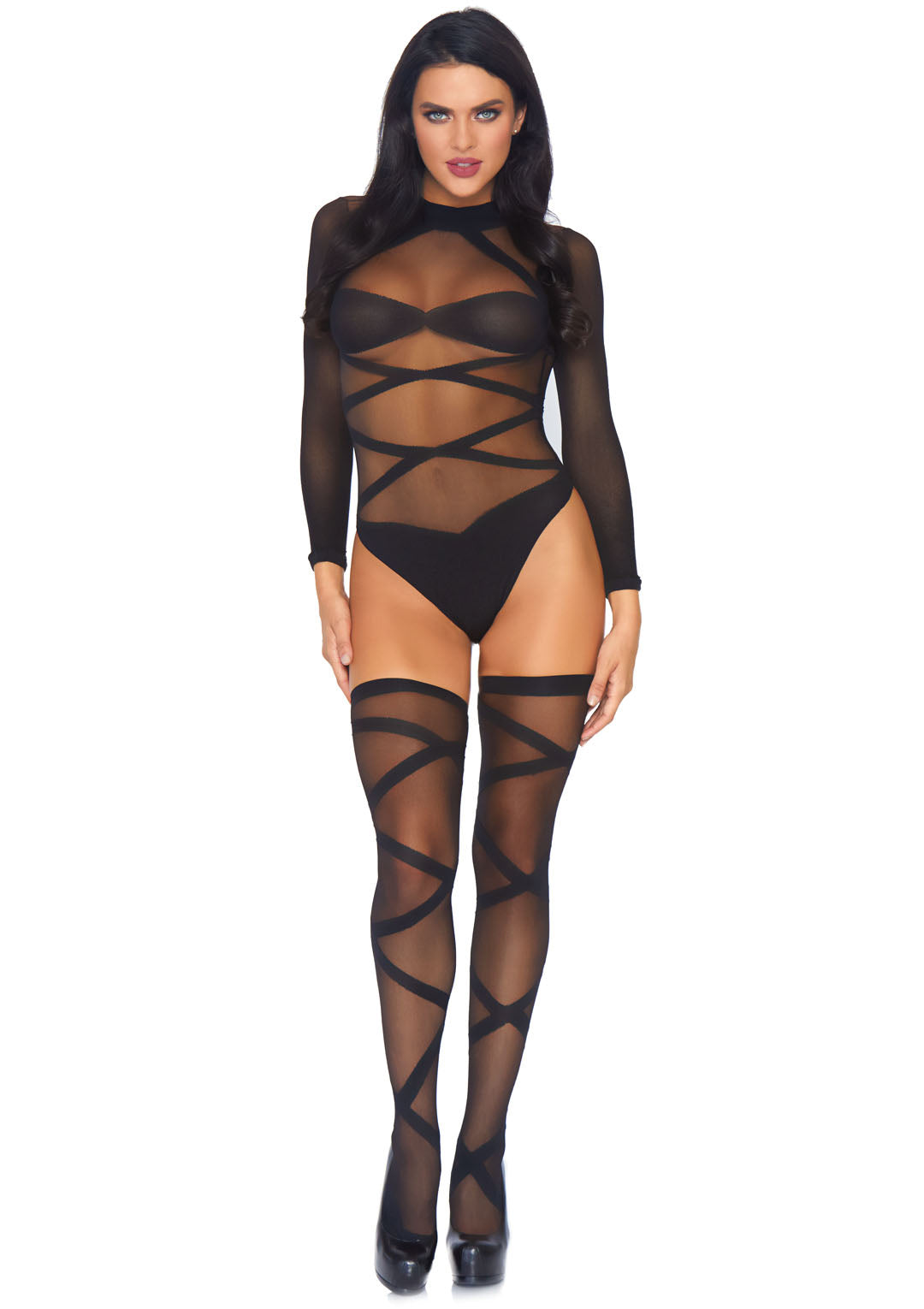 2-piece Opaque Sheer Criss Cross Body Suit And Matching