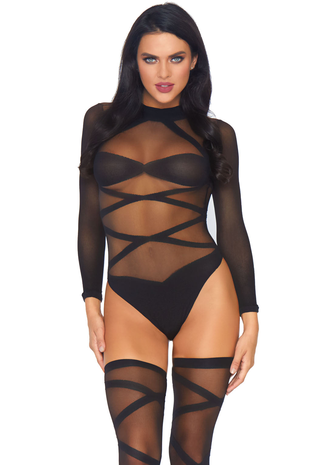 2-piece Opaque Sheer Criss Cross Body Suit And Matching
