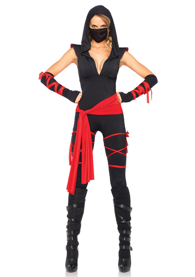 4-piece Deadly Ninja,catsuit With Attached Leg Wraps ,waist Sash,arm Warmers,mask