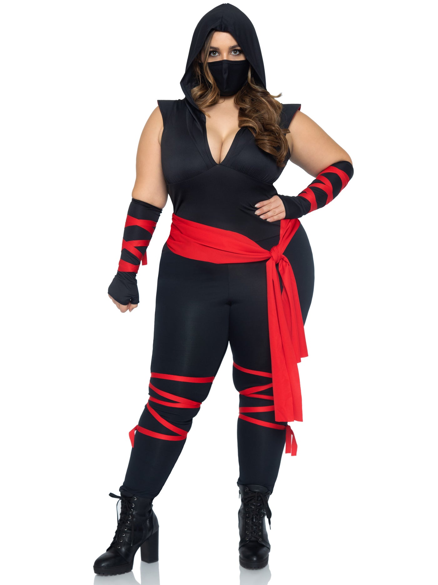 4-piece Deadly Ninja,catsuit With Attached Leg Wraps ,waist Sash,arm Warmers,mask