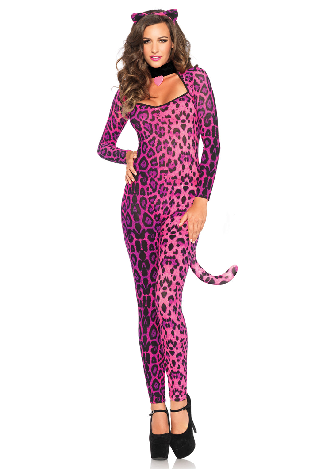 3-piece Pretty Pink Pussycat,keyhole Catsuit W/tail,choker,headband