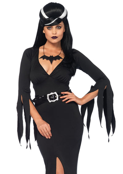 3-piece Immortal Mistress,deep-v Body Hugging Dress,belt,bat Necklace