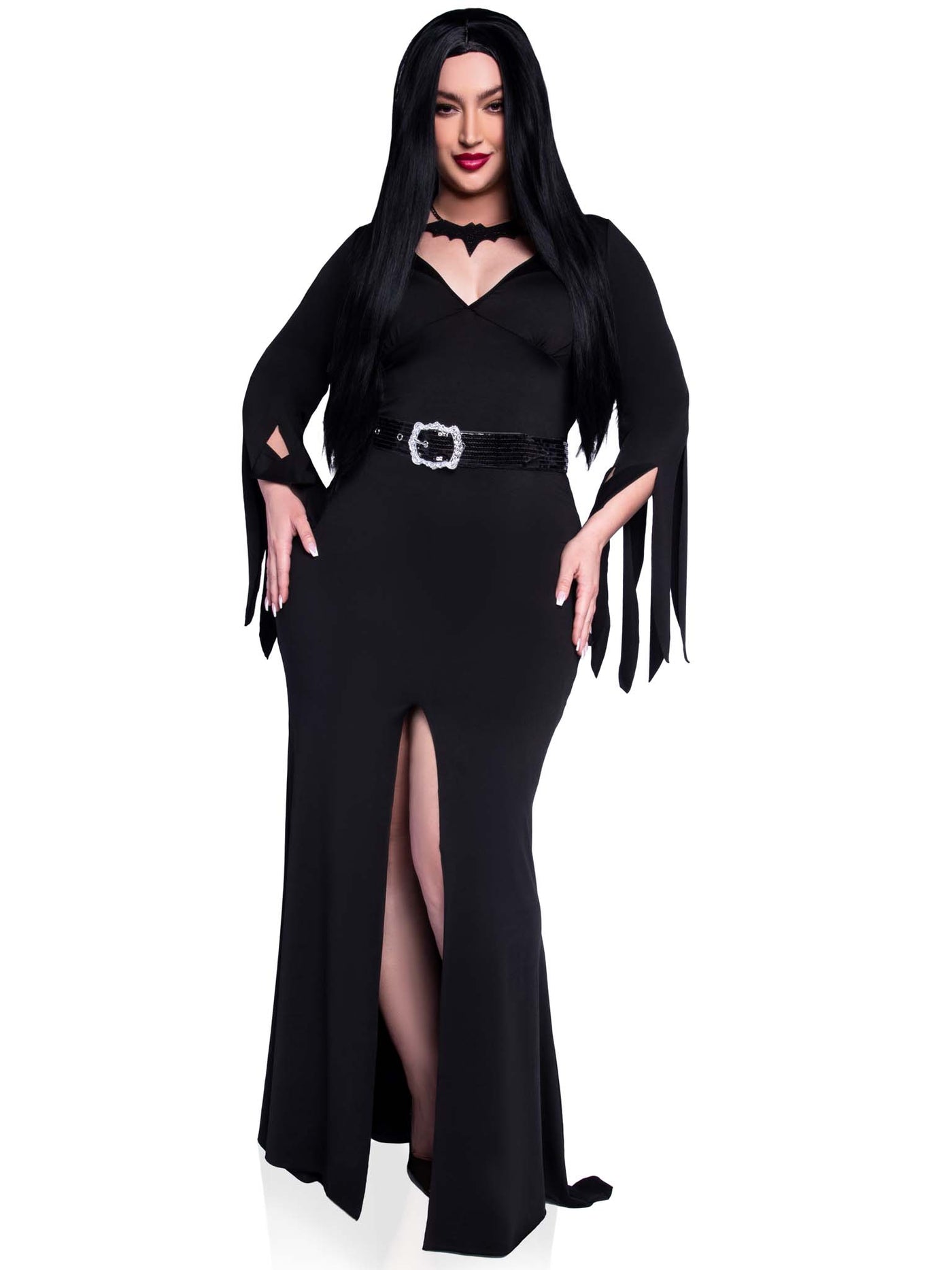 3-piece Immortal Mistress,deep-v Body Hugging Dress,belt,bat Necklace