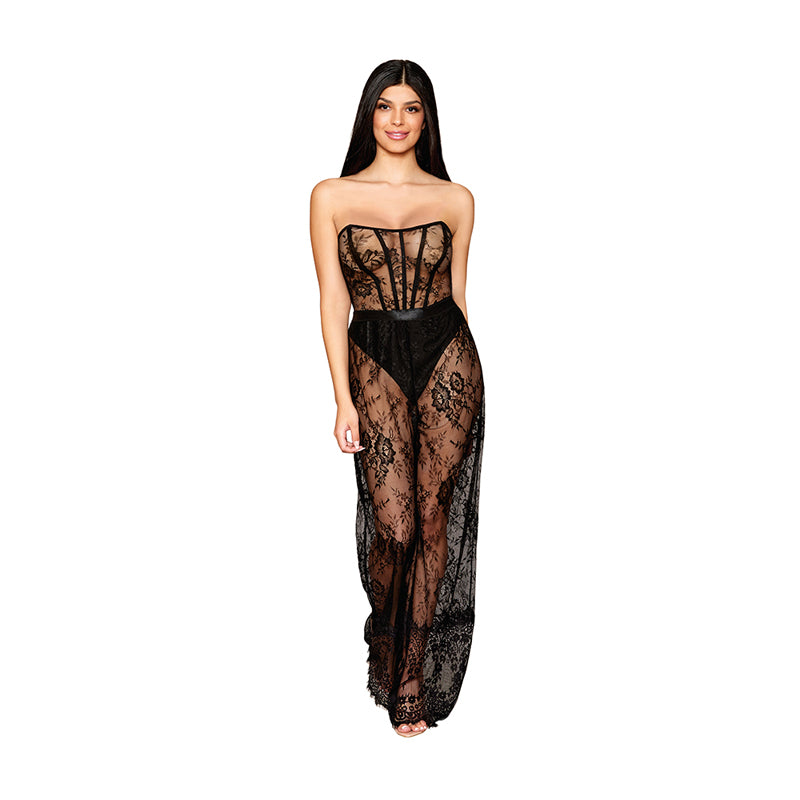 Dreamgirl Floral Lace Lingerie Romper and High-Waisted Thong Set Black XL