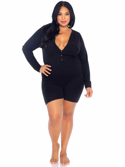 Brushed Rib Romper Long Johns With Cheeky Snap Closure Back Flap