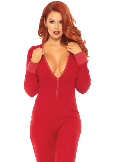 Cozy Brushed Rib Long Johns With Cheeky Snap Closure Back Flap