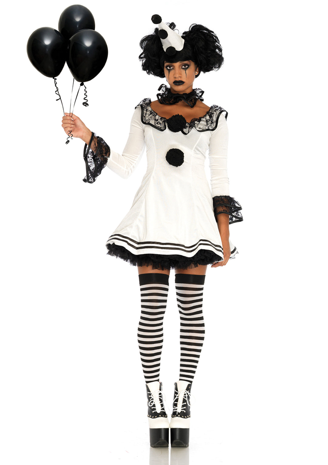 3-piece Pierrot Clown,lace Trimmed Velvet Dress W/pom Pom,ruffle Neck Piece And Hat