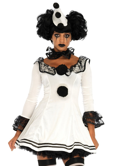 3-piece Pierrot Clown,lace Trimmed Velvet Dress W/pom Pom,ruffle Neck Piece And Hat