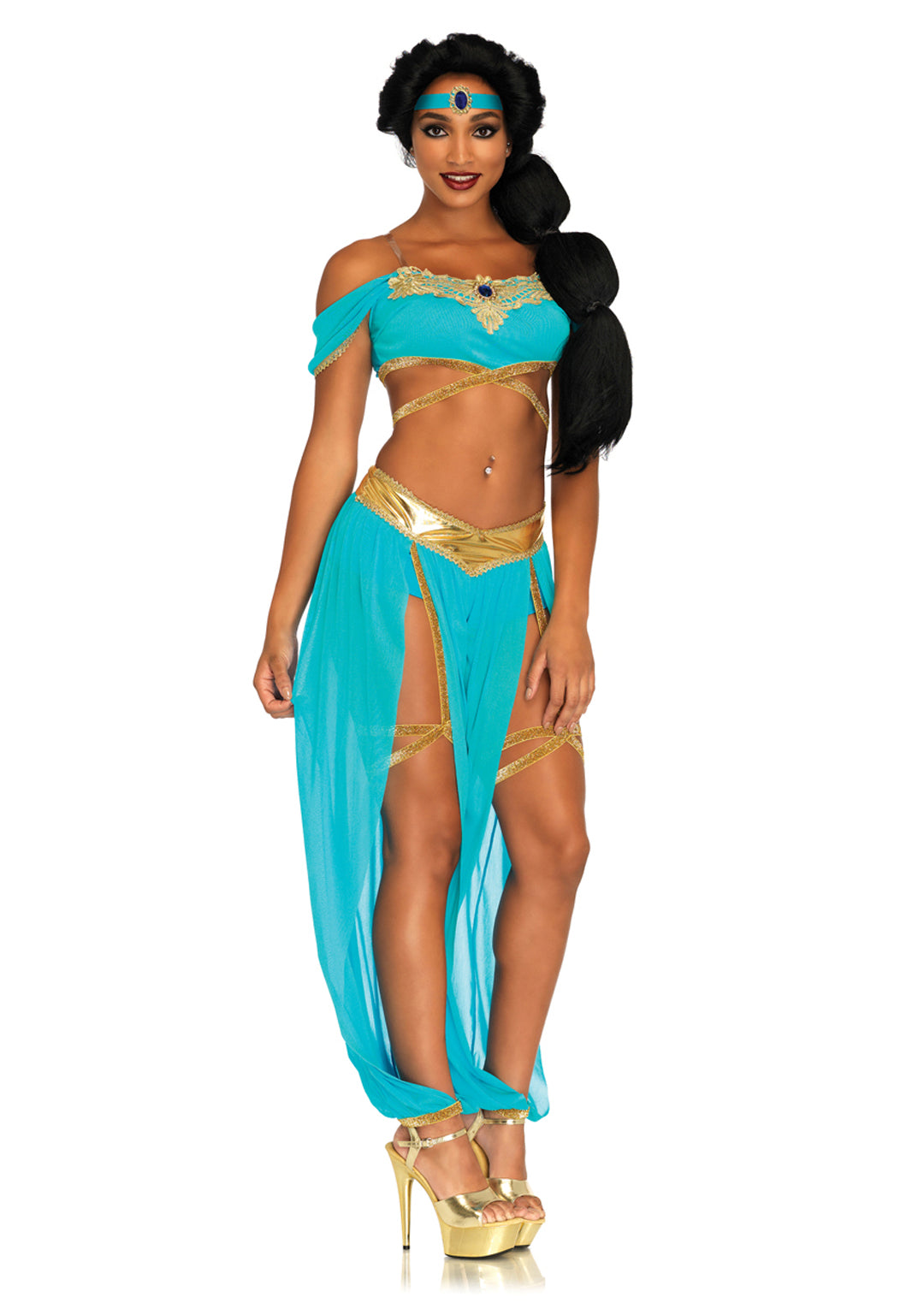 4-piece Oasis Princess,off The Shoulder Crop Top,split Leg Harem Pants W/built In Booty Shorts And Elastic Leg Garters,clear Straps,jewel Head Piece