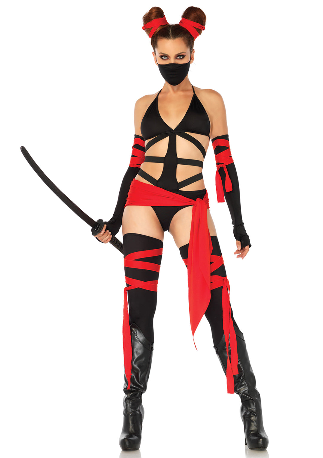 6-piece Killer Ninja,bikini Bodysuit,thigh Highs,arm Warmers,waist Sash,hair Wraps And Face Mask