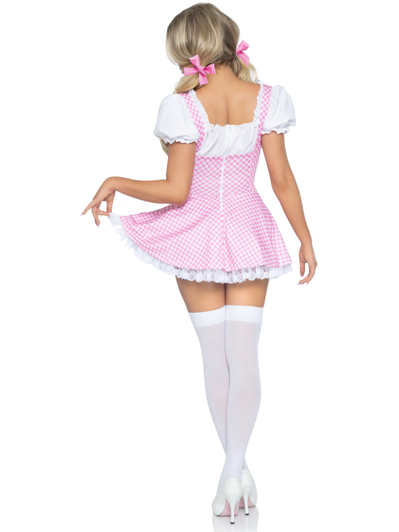 Gingham Dress With Lace Up Front And Attached Apron
