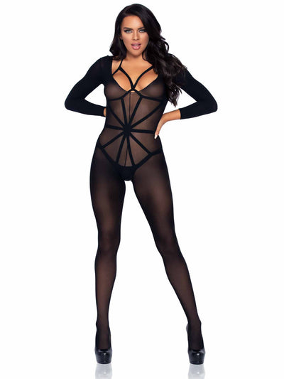 2-piece Opaque Long Sleeved Bodystocking With Harness Teddy Overlay
