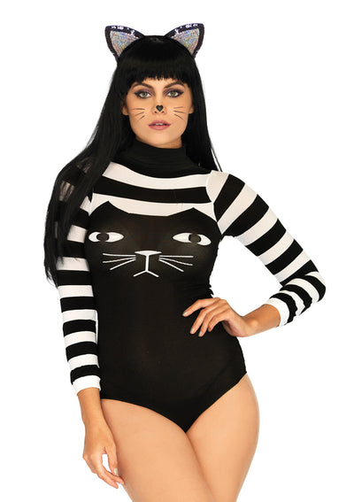 Nylon Spandex Striped Cat Bodysuit With Snap Crotch