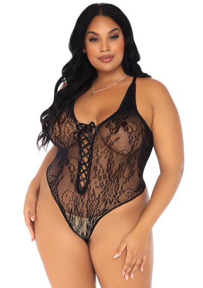 Floral Lace Thong Teddy With Lace Up Front And Adjustable Cross Over Back Straps