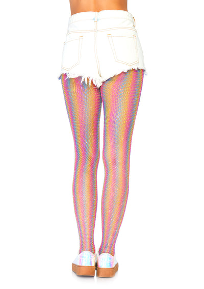 Colored Lurex Shimmer Rainbow Striped Fishnet Tights